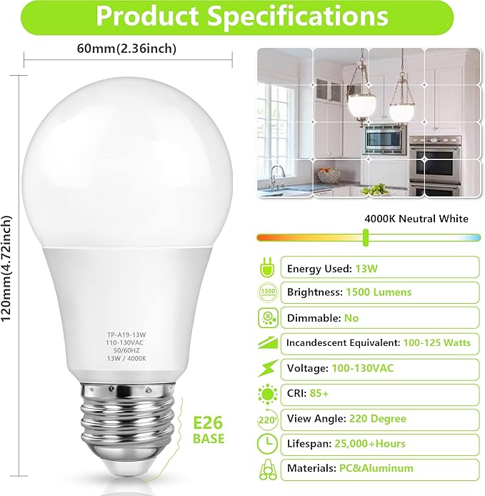 MAXvolador A19 LED Light Bulbs, 100 Watt Equivalent, Neutral White 4000K, 1500LM, E26 Base, Non-Dimmable, 13W Bright White LED Bulb, 4-Pack