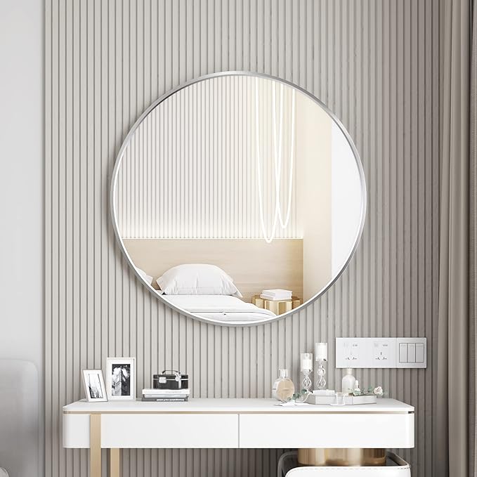 Itrue Round Mirror 24 inch Silver, Circle Mirror for Wall, Bathroom Mirrors for Over Sink,Living Room, Bathroom, Vanity, Entryway, Hallway.