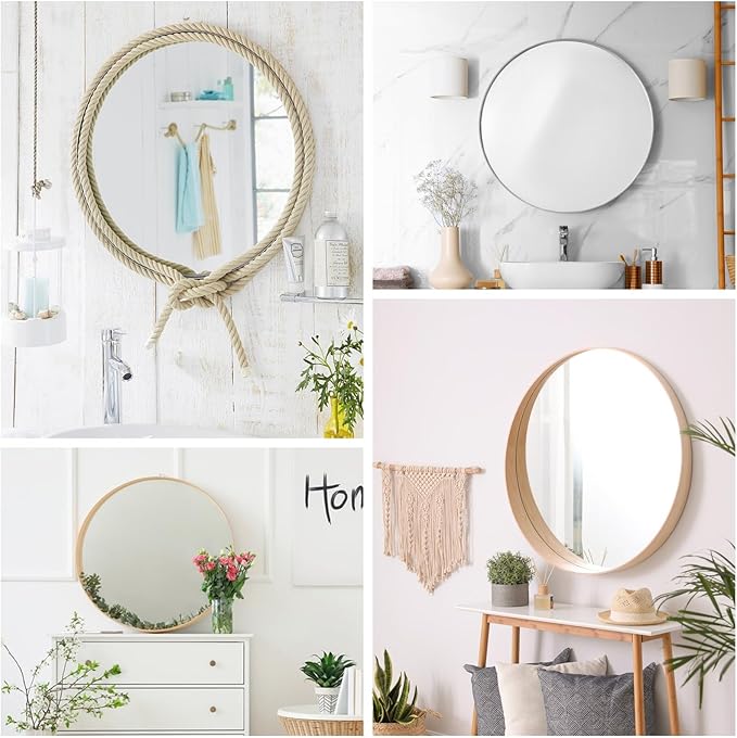 JUNEBRUSHS Round Mirror, 16 Inch Round Wall Mirror Fogless Shatterproof Bathroom Circle Acrylic Mirror Unbreakable Frameless Wall-Mounted Mirrors for Wall Living Room Bedroom Home Decor