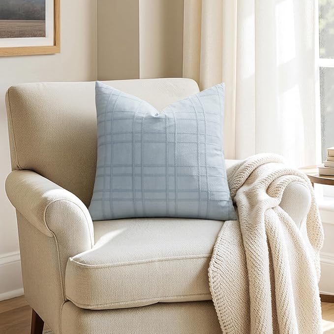 MIULEE Decorative Linen Check Throw Pillow Covers Neutral Farmhouse Vintage Pillow Covers 18x18 Set of 2 Boho Modern Home Decor for Sofa Couch Bedroom Cushion Coastal Blue