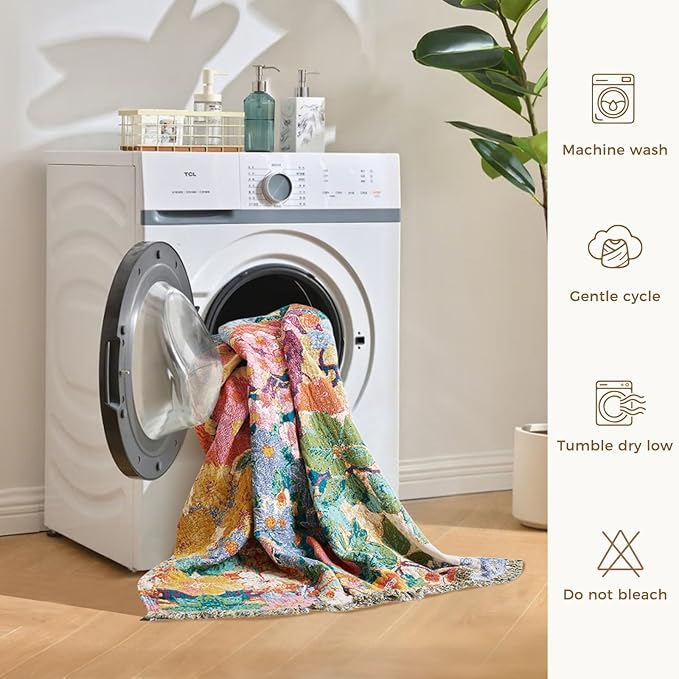 Boho Throw Blanket for Couch Sofa Chair Cotton Spring Blankets for Bedroom Living Room All Season Soft Lightweight Reversible Floral Embroidery Breathable Decorative Throws 50"x60"