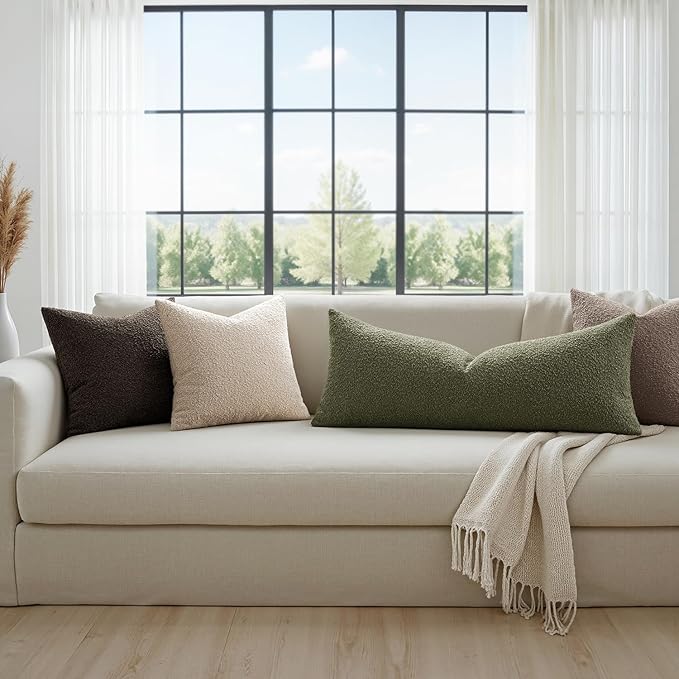MIULEE Textured Boucle Throw Pillow Cover Olive Green Accent Solid Lumbar Pillow Case Spring Decorative Soft Pack of 1 Couch Cushion Chair Sofa Bedroom Livingroom Home Decor,36x14 Inch
