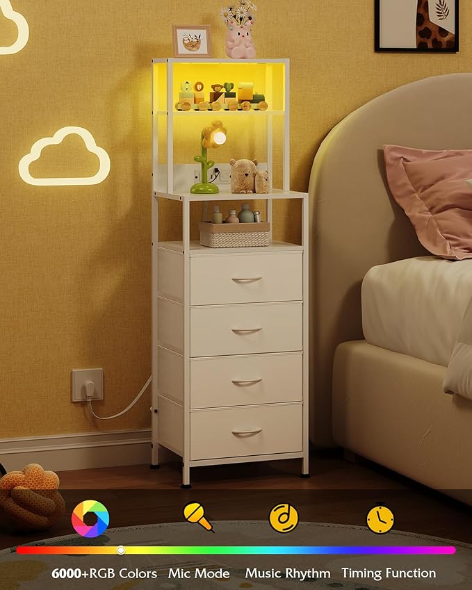 WLIVE Tall Nightstand with Charging Station, LED Night Stand with 4 Drawers and Storage Open Shelves, Fabric Dresser for Bedroom, Living Room, Office, White