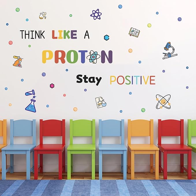 HLNIUC Large School Wall Decal(35”x12”),Colorful Chemistry Classroom Stickers,Chemical Proton Laboratory Wall Decor,Inspirational Quotes Room Sticker,Stay Positive Science Art Decal for Kids Room Lab