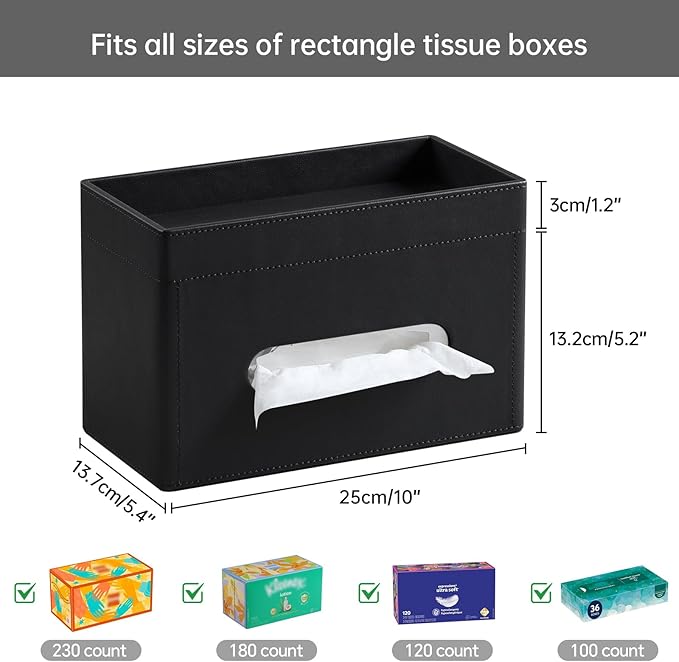 Plus Size Tissue Box Cover Rectangle, PU Leather Tissue Box Holder with Storage Tray, Decorative Organizer Tissue Holder for Bathroom, Bedroom Dresser, Night Stand, Office (Black)