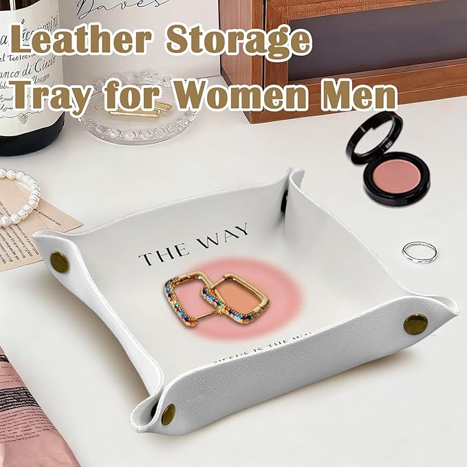 Christian Gifts Jewelry Valet Tray for Women Faith -Trendy Preppy Aura Jesus Bible Verse PU Leather Catchall Beside Caddy Nightstand Organizer Tray for Jewelry Rings Watches Keys,7.87x7.87in
