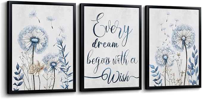 Nachic Wall Dandelion Wall Art Blue and Brown Floral Canvas Prints Inspirational Quote Framed Artwork