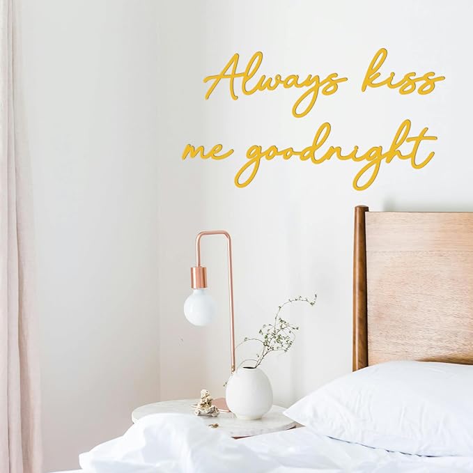 Always Kiss Me Goodnight Wall Sign Metal Wall decor Love Theme Wall decor Wall Hanging Sculptures for Bedroom Living Rooms, Gold, 19" x 10.2"