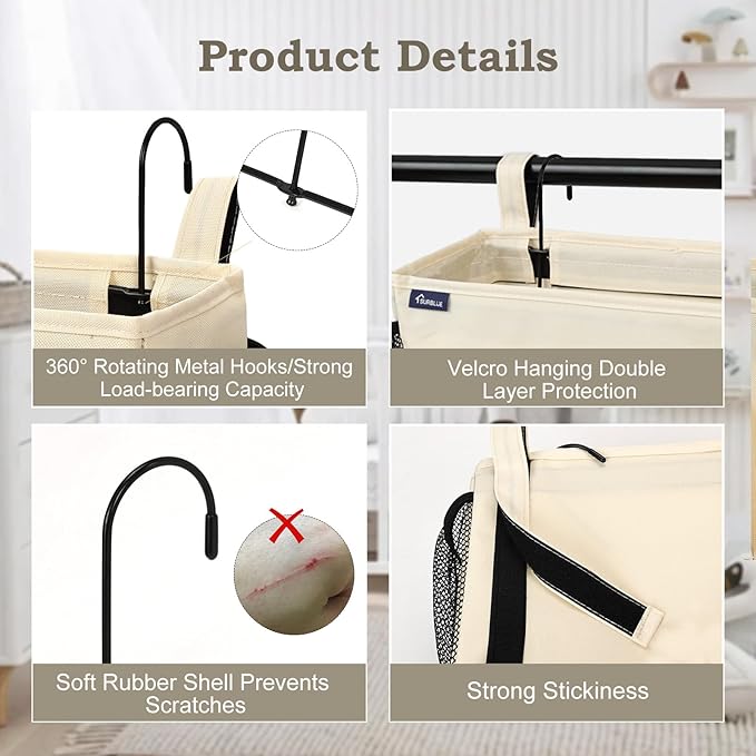 Surblue Bedside Organizer with Hook Caddy Hanging Storage Bag with Adjustable Straps and Water Bottle Holder for Home, College Dorm, Bunk Bed Accessories, Crib, Hospital Bed, Beige