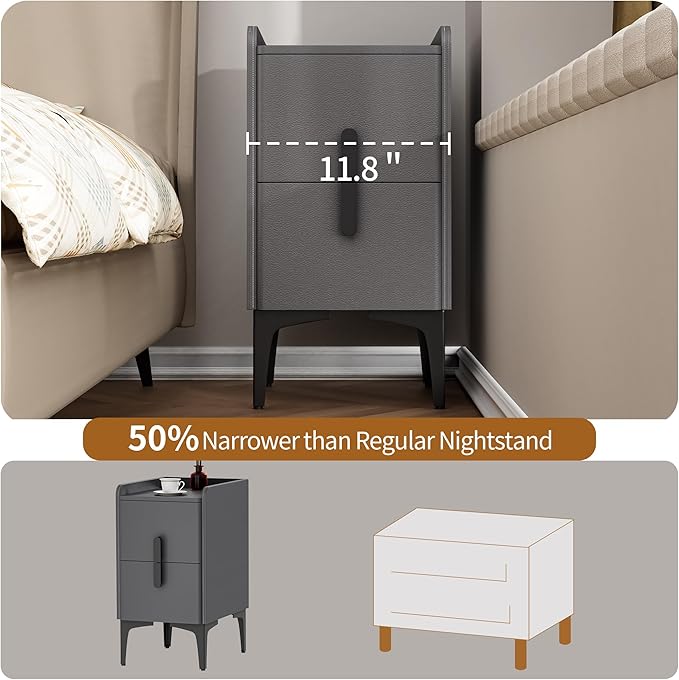 VICITON Narrow Nightstand with 2 Drawers, Narrow Side Table Leather Surface, Slim Bedside Table for Bedrooms, Dormitories, Living Rooms (Light Gray, 15.7" D x 11.8" W x 22.4" H)