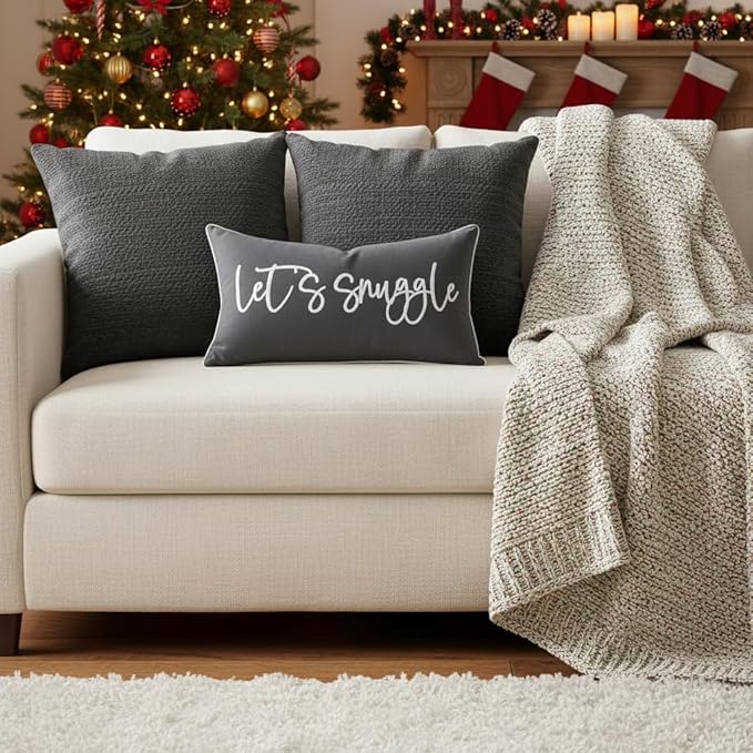 Sunkifover Let's Snuggle Decorative Lumbar Pillow Cover - 12x20 Inch Dark Grey Cotton Embroidery Throw Pillowcase for Bed, Bedroom, Living Room, Home Decor