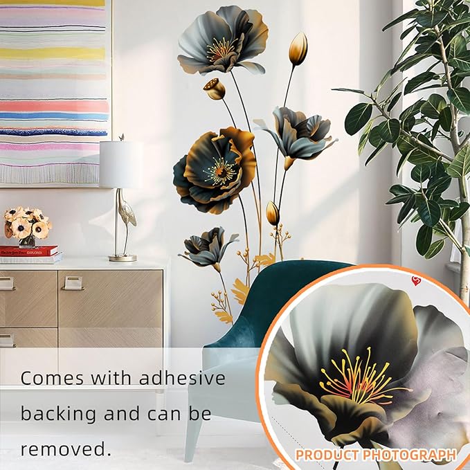 TUOKING Black Gold Flowers Wall Stickers Decor Removable Wall Murals Peel and Stick Wall Art Decal Home Decor for Kitchen,Bedroom,Living Room(MS3241)