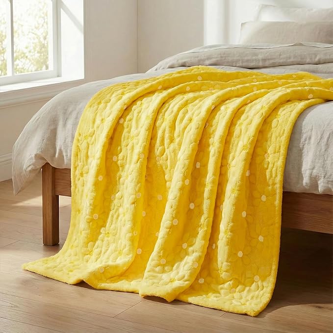 Horaldaily Spring Summer Throw Blanket, Yellow Daisy Soft Fuzzy Plush Faux Fur Cozy Blankets for Couch Sofa Bed Lounging, Ideal Gifts for Kids Adults Wife Self, 60x80