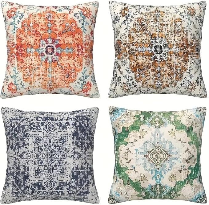 4pcs Orange Blue Ethnic Boho Pillow Covers, Vintage Rust Coral Floral Decorative Pillow Cases for Living Room Bedroom Bed Cushion Outdoor Home Decor, 18x18 Pillows Linen Pillowcase