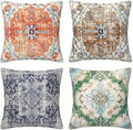 4pcs Orange Blue Ethnic Boho Pillow Covers, Vintage Rust Coral Floral Decorative Pillow Cases for Living Room Bedroom Bed Cushion Outdoor Home Decor, 18x18 Pillows Linen Pillowcase