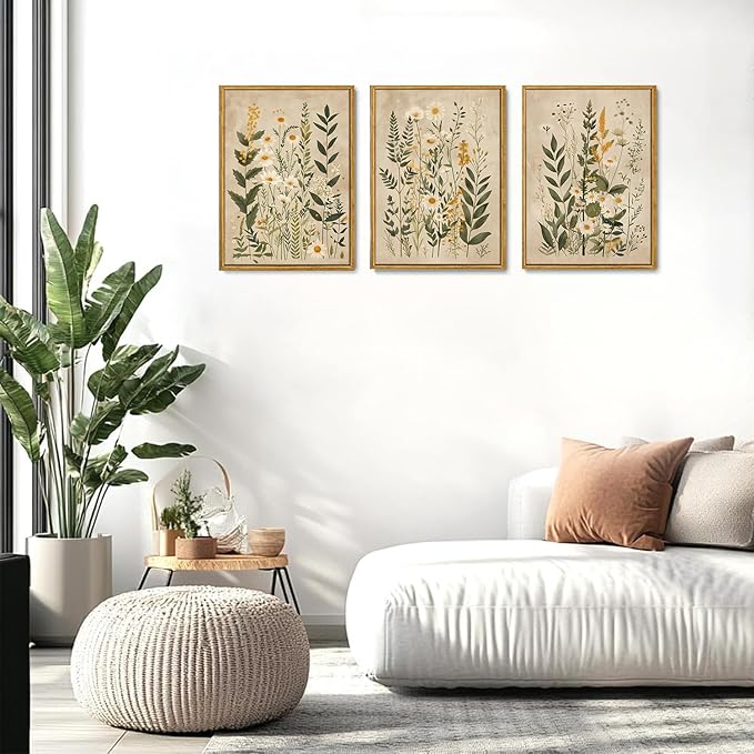 Wodkwq 3 Piece Vintage Floral Canvas Wall Art Framed,Large Wildflower Wall Decor，Neutral Farmhouse Botanical Daisy Wall Painting,Modern Floral Art Prints For Living Room,Bedroom,Office 16x24in