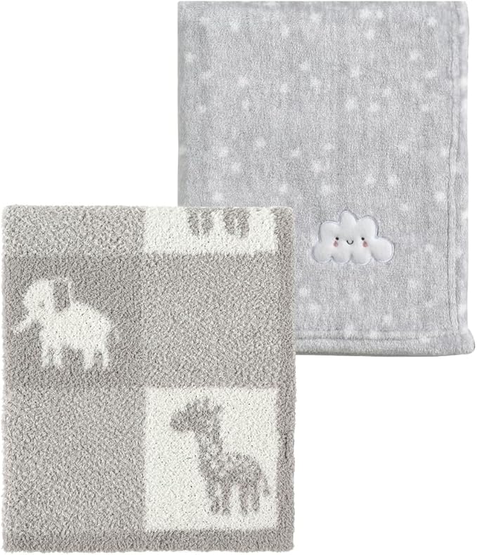 CREVENT 2Pcs 30''X40'' Cute Cozy Fluffy Warm Baby Blankets for Infants Toddlers' Bedding Crib Cot Stroller - Grey Cloud + Knit Animal Grey