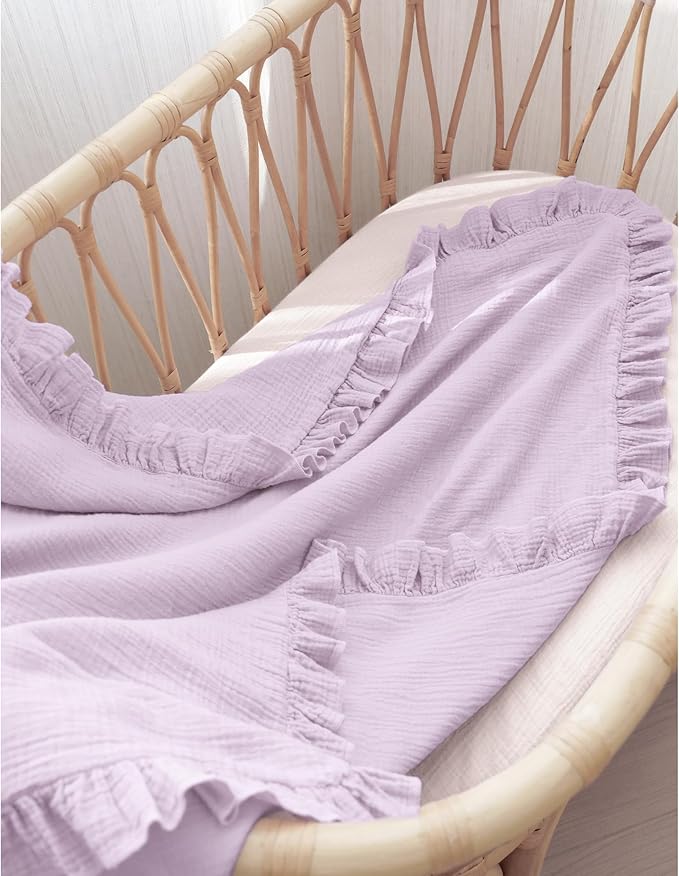 Konssy Flounce Muslin Baby Blanket for Girls Boys, 100% Cotton Soft Crib Swaddle Blankets, Reversible & Breathable Nursery Bedding for Newborns Toddlers, 40 x 36 Inches (Purple)