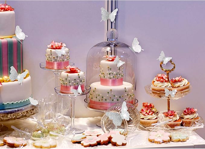 BBTO 48 Pieces Butterfly Wall Decor DIY 3D Mirror Butterfly Stickers Removable Decals Crafts for Birthday Party Bedroom School Bathroom Living Room Decor(Glitter Silver)