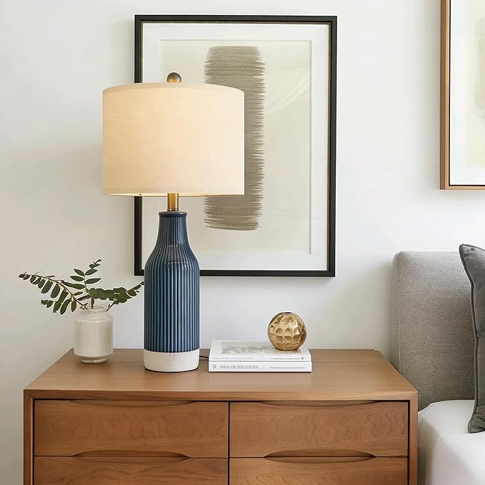 23.75inch Blue Modern Ceramic Bedside Lamp Set of 2 with 5FT Cord for Bedroom Decor Farmhouse Table Lamp for Living Room Office Dorm