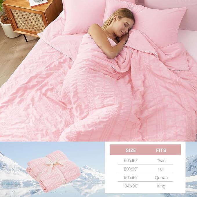 Cozy Bliss Seersucker Cooling Comforter King Size, Q-Max 0.45 Reversible Lightweight Cooling Blanket, Breathable Silk Smooth Summer Bedding Quilt for Hot Sleepers Night Sweats Pink