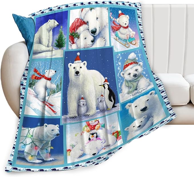 Christmas Polar Bear Blanket for Girls Women Boys Men Adults Kids Soft Cozy Fleece Cute White Bears Throw Blankets Gifts Warm Flannel Plush Lightweight Decor for Couch Bed Sofa 80"X60"