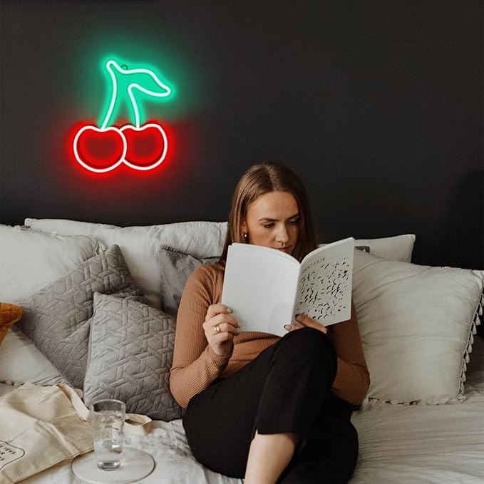Cherry Neon Sign Red Green Cherries Neon Lights 7.5 * 8.9IN Cherry Neon Signs for Wall Decor, Cute Fruits LED Signs for Kids Room Restaurant Bar Fruit Shop Home