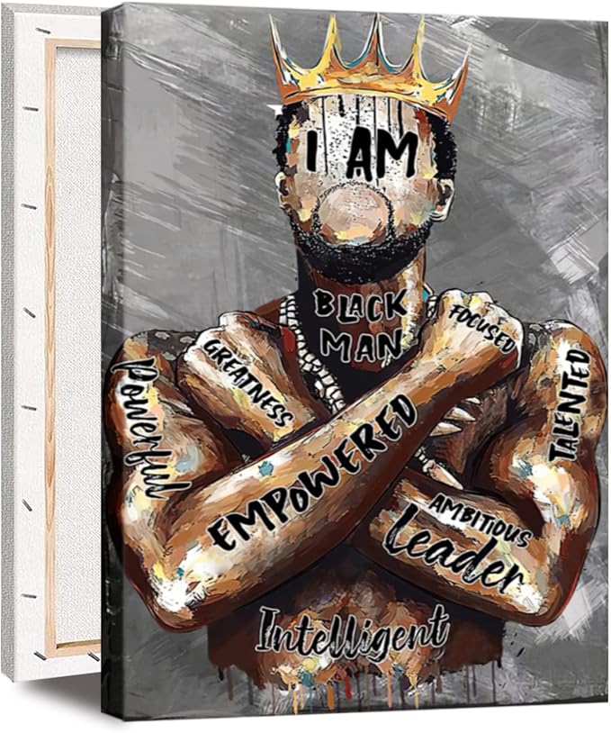Framed Black Men Wall Art African American Man Portrait Wall Art Afro King Poster Abstract Contemporary Canvas Prints Painting Home Decor for Bedroom Living Room