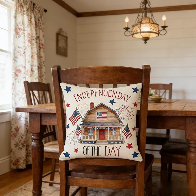 Independence Day 2pcs Throw Pillow Covers, Patriotic 4th of July American Flag House Fireworks Stars Design, Red White and Blue Cushion Cases，18x18 Pillows Linen Pillowcase