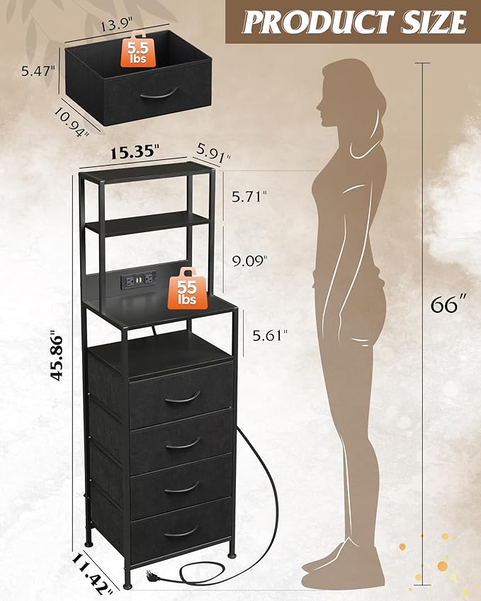 WLIVE Tall Nightstand with Charging Station, LED Night Stand with 4 Drawers and Storage Open Shelves, Fabric Dresser for Bedroom, Living Room, Office, Black