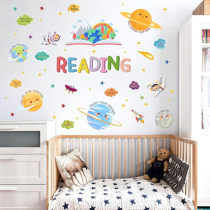 HLNIUC Reading Wall Decor 61pcs Inspirational Wall Decal Cartoon Universe Themed Motivational Art Sticker Colourful Positive Saying Peel and Stick Sticker Decoration for Kid Classroom Reading Corner