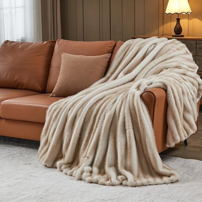 NEWCOSPLAY Faux Fur Twin Blanket Brown Luxury Fluffy Thick Warm Blanket for Couch Sofa Bed 1000GSM (Stripe Brown Thick, Twin(60"x80"))