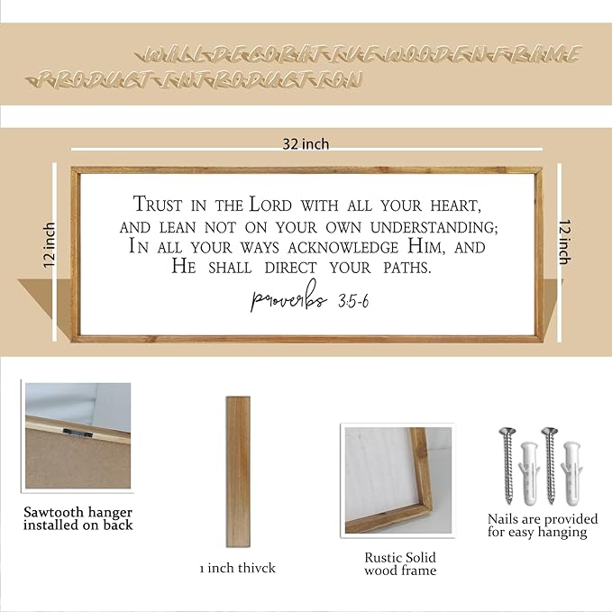 comurdyo Bible Verse Trust in the Lord With All Thine Heart Wall Decor 32"×12" Proverbs 3:5-6 Sign Scripture Christian Prayer Large for Family Modern Rustic Bedroom Wood Framed Plaque Hanging (Wood)