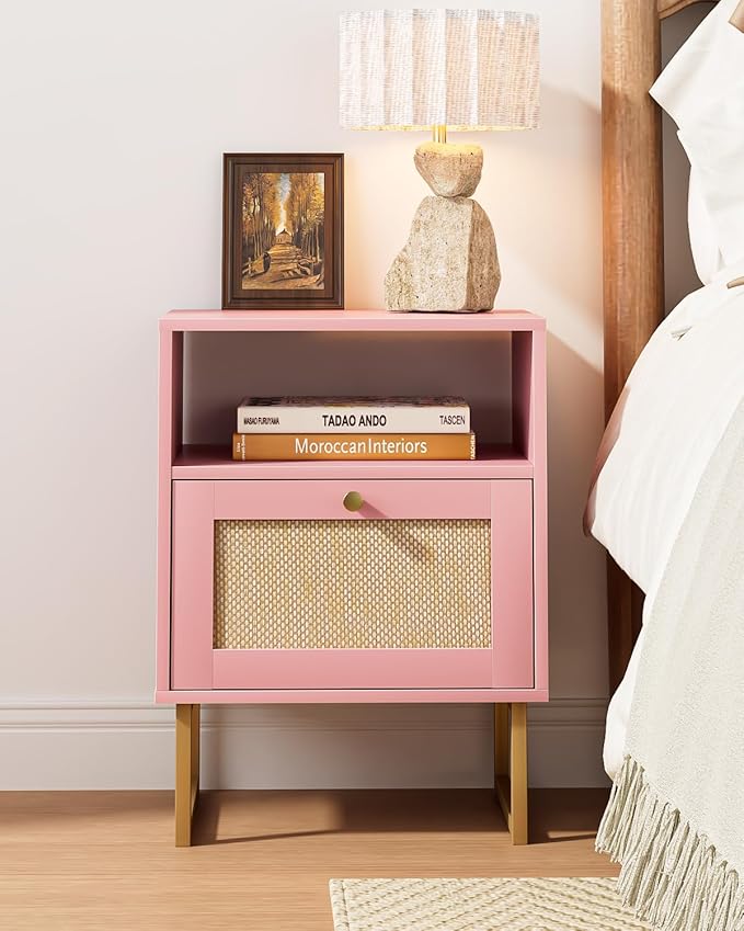 Rattan Nightstand, Boho Night Stand Farmhouse Wood Bedside Table with Storage and Open Shelf, End Side Accent Table for Bedroom,Living Room,Pink