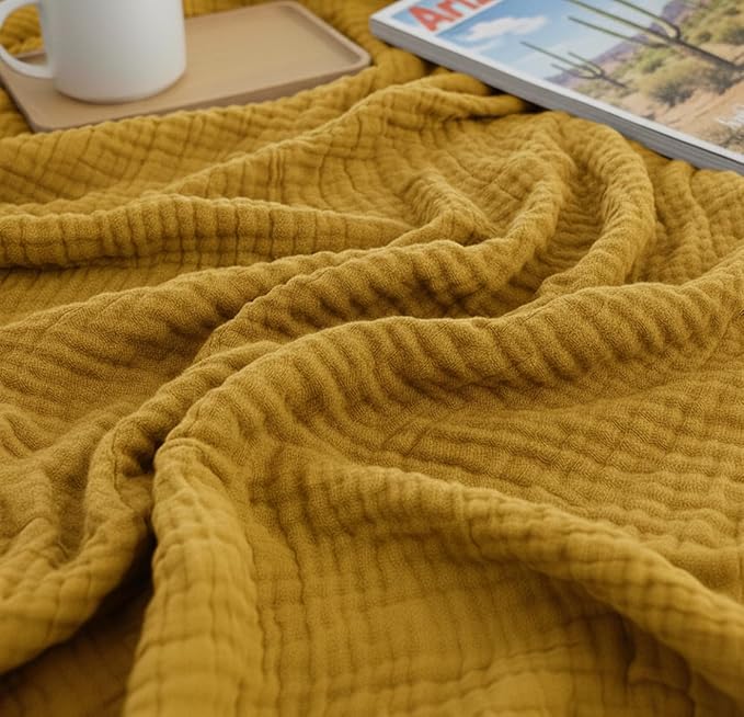 KyraHome 100% Cotton Muslin Throw Blankets for Couch, 50"x60" Pre-Washed Plant Dyed, Breathable, Lightweight Muslin Throw Blankets for Adults, All Season, Mustard Yellow