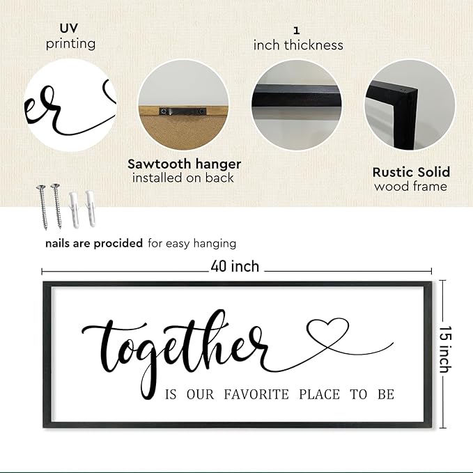 YWJKWLGS Together Is My Favorite Place to Be Sign Master Bedroom Wall Decor Above Bed 40x15 Inch Love Quotes Wall Art Large Rustic Modern Wood Framed for Couples (Black)