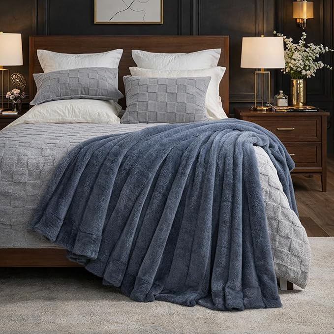 Cozy Bliss Deluxe Sheared Rabbit Faux Fur Throw Blanket, Soft Fuzzy High-Low Sculpted Plush Blanket for Couch, Cozy Home Accent, All Season Use, Blue 60"x80"