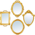 4 Pcs Vintage Gold Mirrors Set Including Small Oval Wall Mirror Antique Shield Shape Square Decorative Mirror Dresser Mirrored Tray for Bedroom Wedding Victorian Decor (Classic,Gold)