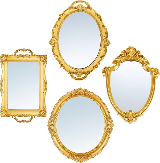 4 Pcs Vintage Gold Mirrors Set Including Small Oval Wall Mirror Antique Shield Shape Square Decorative Mirror Dresser Mirrored Tray for Bedroom Wedding Victorian Decor (Classic,Gold)