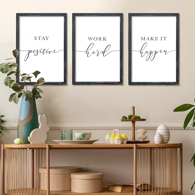 RLWangChao Inspirational Quotes Wall Art Decor 11"X16" 3 Piece Modren Office Stay Positive Work Hard Make It Happen Motivational Wood Framed Sign Living Room Positive Wall Hanging Decoration (Black)