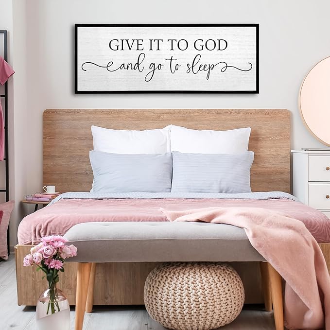 Give It To God And Go To Sleep Wall Decor Sign 24"X10" Master Bedroom Above Bed Wood Framed Large Farmhouse Rustic Over Bed Wall Art Hanging Decoration (Black)