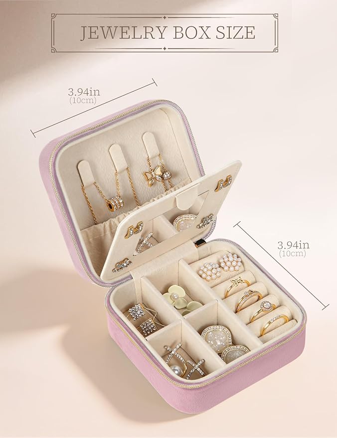 Plush Velvet Travel Jewelry Case Small Jewelry Box Jewelry Organizer Storage Case Portable Jewelry Travel Case for Girls Womens Earring, Necklace, Rings,Bracelets with Mirror