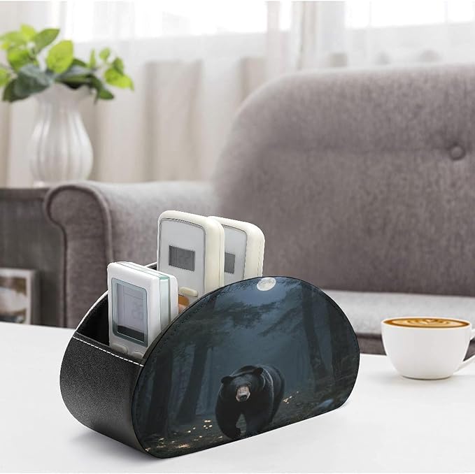Black Bear Night Trees Remote Control Holder Organizer Box with 5 Compartment PU Leather Bedside Storage Caddy Remote Organizer for Controller Media Player Pen/Pencil Storage