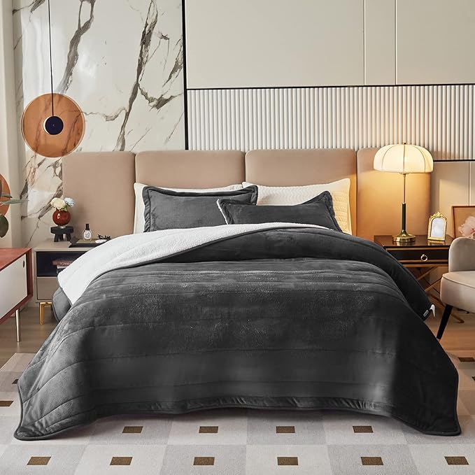 3-Layer Luxury Flannel Fleece Thick Bed Blanket Twin Size, Soft Plush Velvet Sherpa Blanket with 2 Pillow Shams Heavy Warm for Winter, Breathable n Washable, Dark Gray