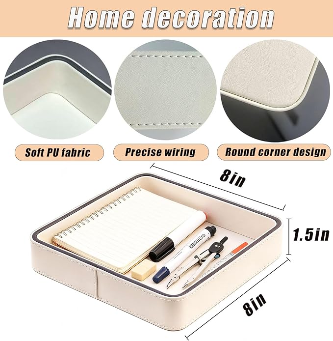 YIGUYI Faux Leather Vanity Tray, Elegant Desktop Storage Organizer，A perfume tray specifically designed for women，Nightstand or Dresser(Cream White)