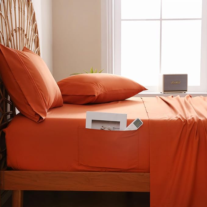 JSD Burnt Orange Queen Sheet Set with Side Pocket Corner Straps, 4 Piece Soft Microfiber Bed Sheets Extra Deep Pocket