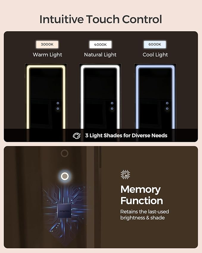 SONGMICS LED Mirror Jewelry Cabinet Armoire, Wall or Door Mounted Jewelry Storage Organizer, Hanging Lockable Frameless Mirror Cabinet with 2 Plastic Cosmetic Organizers, Gift Idea, White UJJC011W01