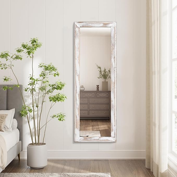 AAZZKANG Wall Mirror Full Length with Wood Frame 43"x14" Rustic Large Full Body Mirrors Decorative for Bedroom Living Room Bathroom Entryway Hanging Rectangular White