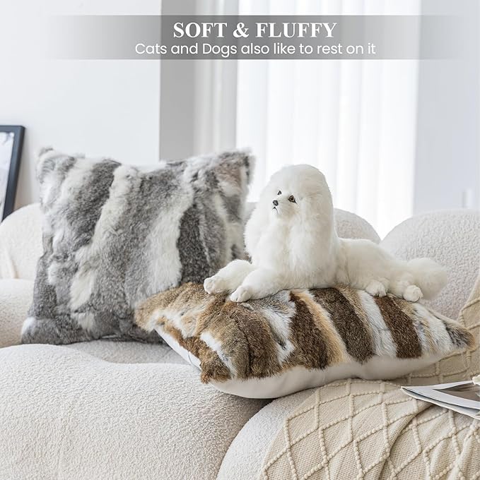 MOOX Rabbit Fur Throw Pillow Covers Decorative Fluffy Soft Fuzzy Plush Luxury Genuine Animal Skin Lumbar Pillow 18"x18" Cushion Cover, Couch-Grey White