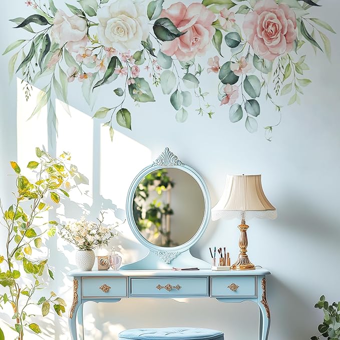 Flowers Leaves Wall Decals Peel and Stick, Large Hanging Floral Vinyl Wall Stickers, Removable Vine Home Decor Art for Bedroom Living Room Classroom Office